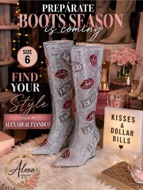 Silver Rhinestone Knee-High Boots with Red Lip & Dollar Motif